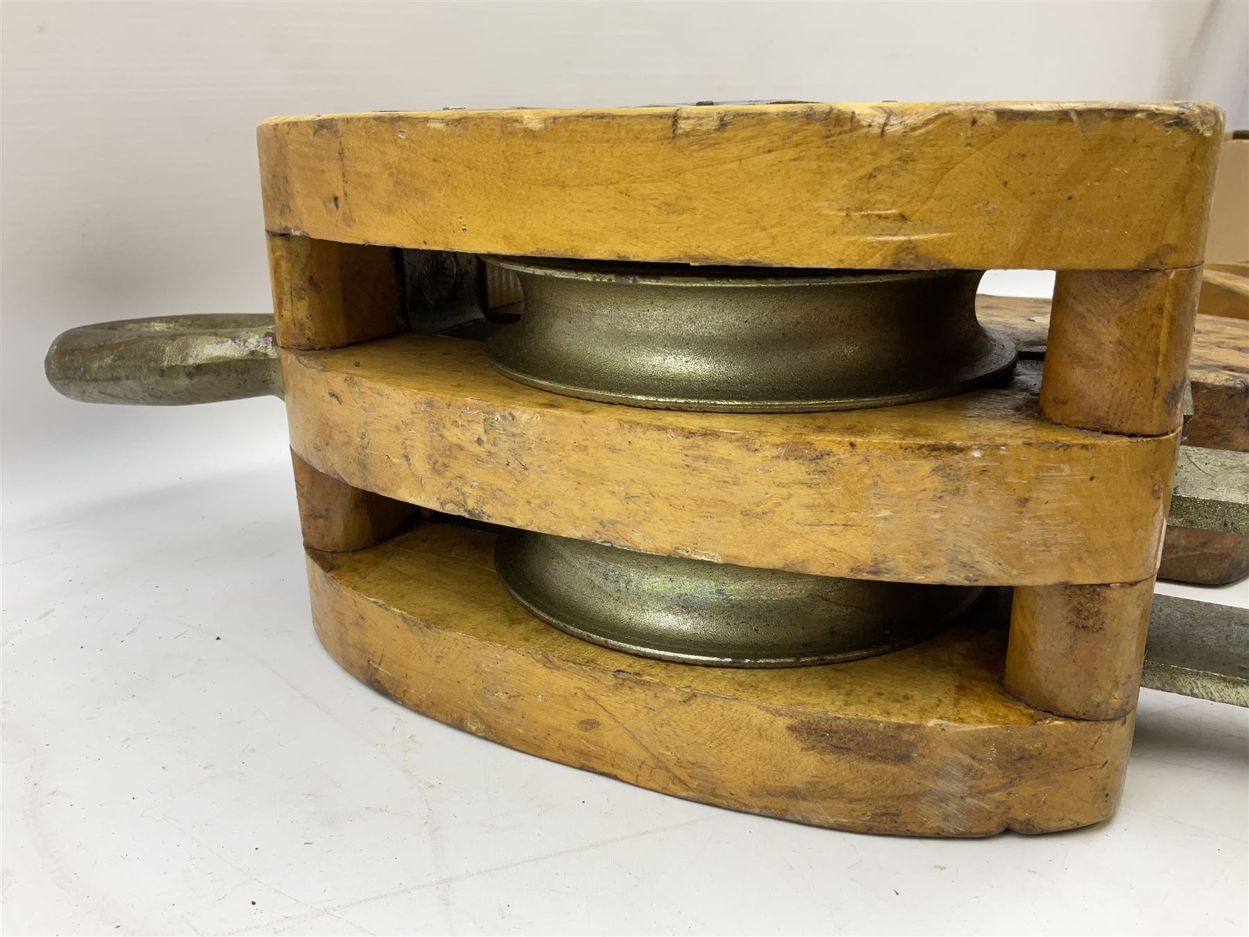 Three ship pulleys comprising wooden block double with swivel eye marked 'wooden block 240mm bduble - Image 3 of 11
