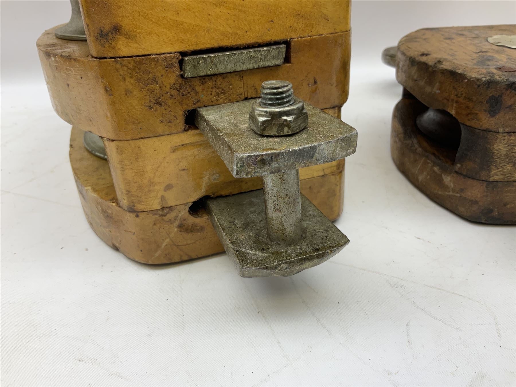Three ship pulleys comprising wooden block double with swivel eye marked 'wooden block 240mm bduble - Image 5 of 11