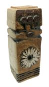 Studio pottery table lamp of slab built and moulded form with applied floral and abstract motifs