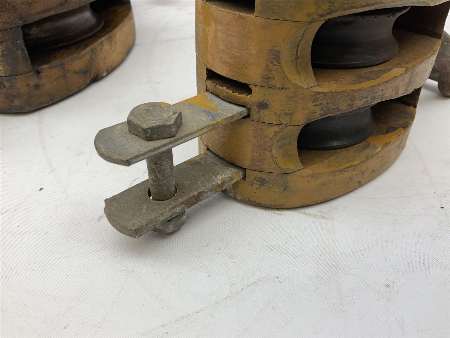 Three ship pulleys comprising wooden block double with swivel eye marked 'wooden block 240mm bduble - Image 10 of 11