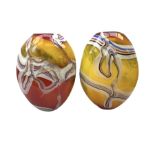 Pair of heavy art glass vases of ovoid form with marbled design on merging yellow
