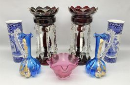 Pair of Victorian ruby glass lustre vases