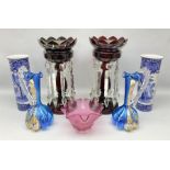 Pair of Victorian ruby glass lustre vases