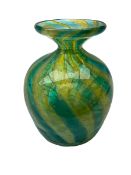 Signed Mdina blue and green glass vase with flared rim