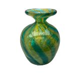 Signed Mdina blue and green glass vase with flared rim