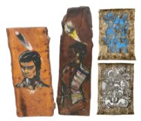 Oil paintings of Native Americans upon wooden plaque together with two painting depicting stylised a