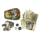 Collection of bank notes and coins