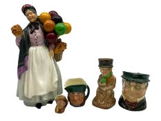 Royal Doulton The Old Balloon Seller HN1315 and four Doulton miniature jugs