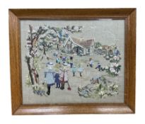 20th century needlework depicting young children in a school yard amongst trees and flowers