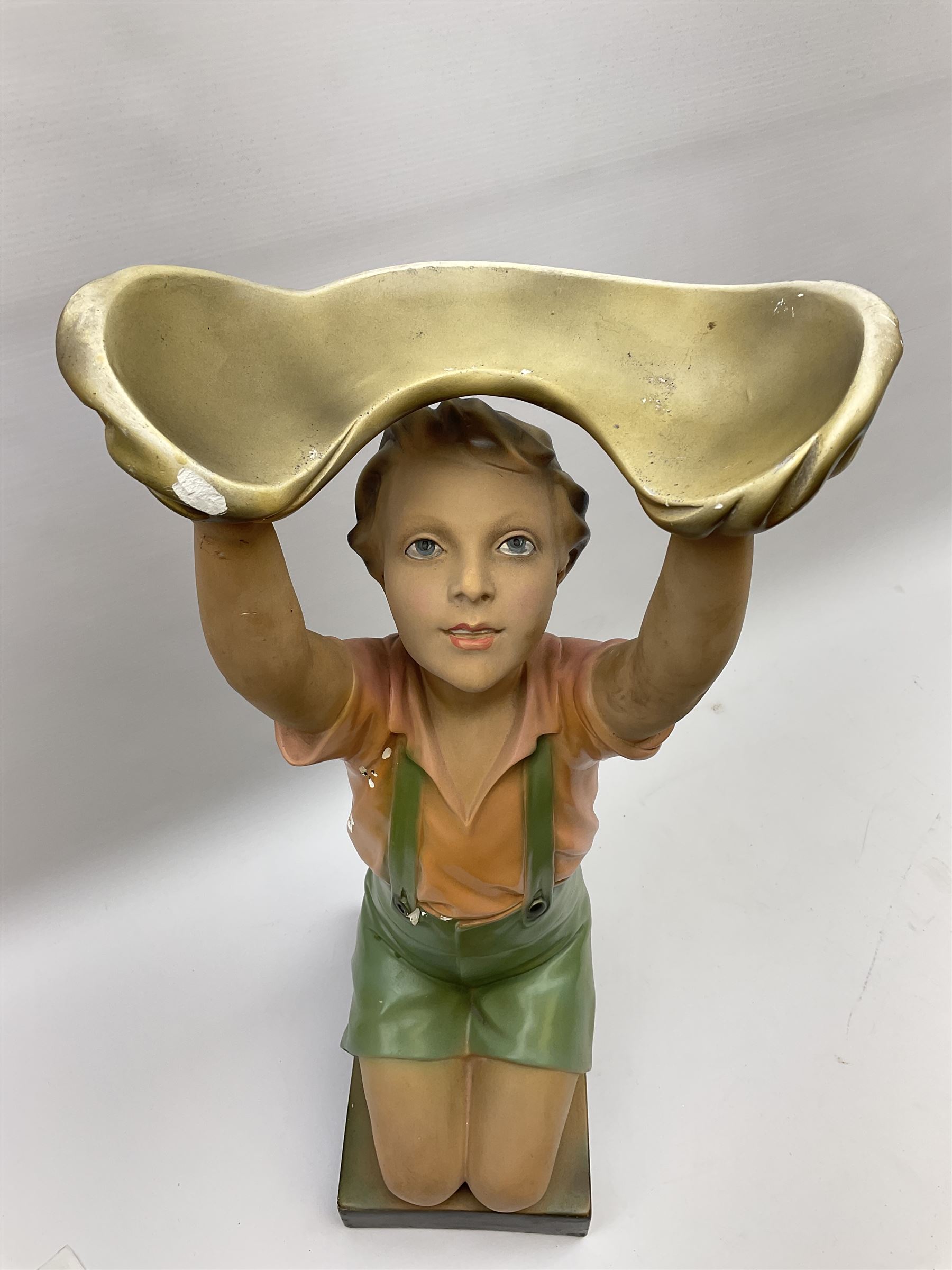Art Deco plaster figure modelled as a young boy kneeling with his arms above his head holding a dish - Image 3 of 4