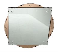 Art Deco wall mirror with central square clear glass panel and peach glass circular border D49cm