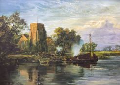 English School (20th century): River Landscape with Ancient Church