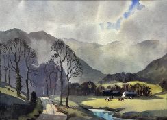 Ebenezer John Woods (Jack) Prior (British 1914-1988): Cattle Watering in Hilly Landscape