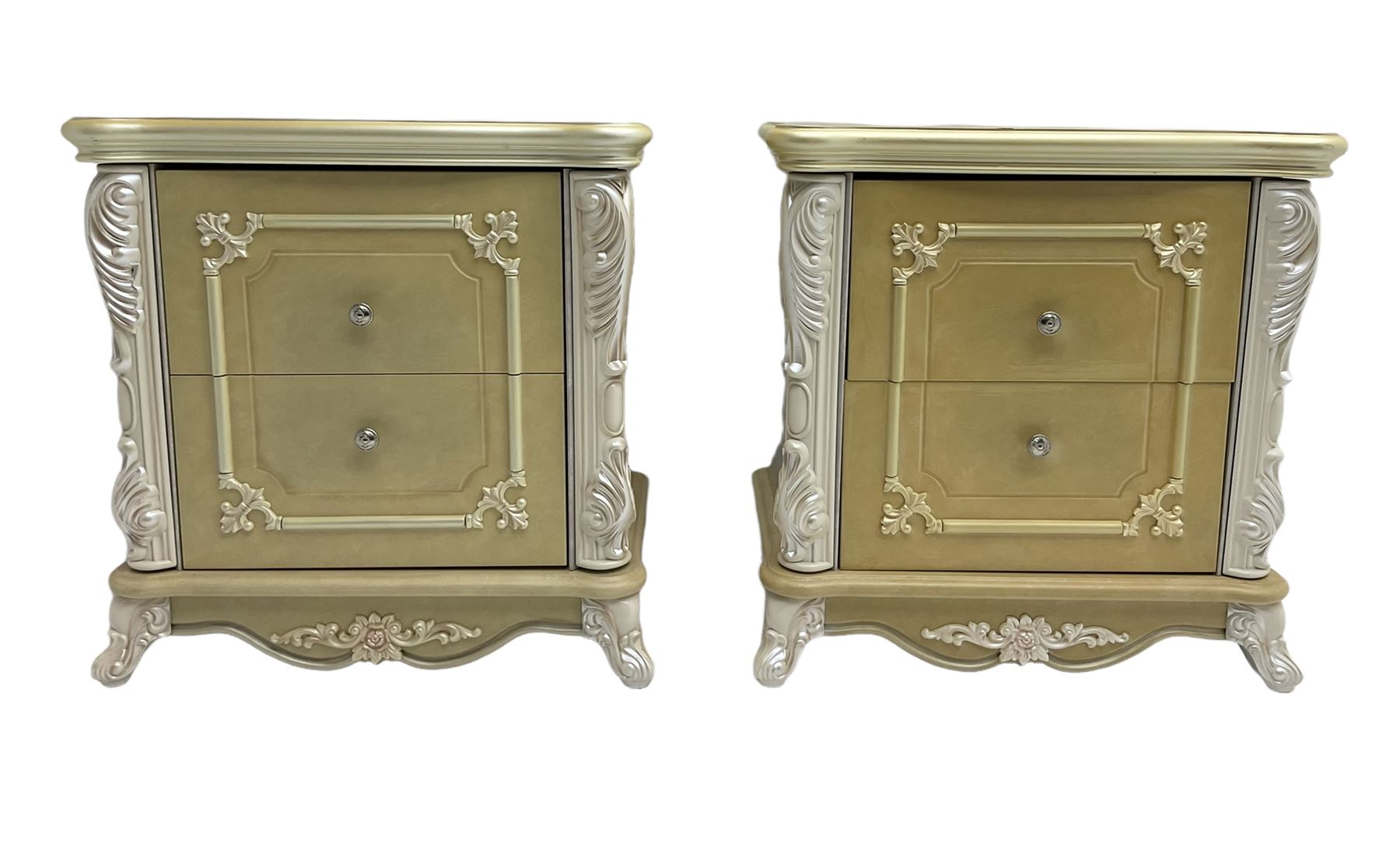 Pair Rococo style wood finish bedside chests