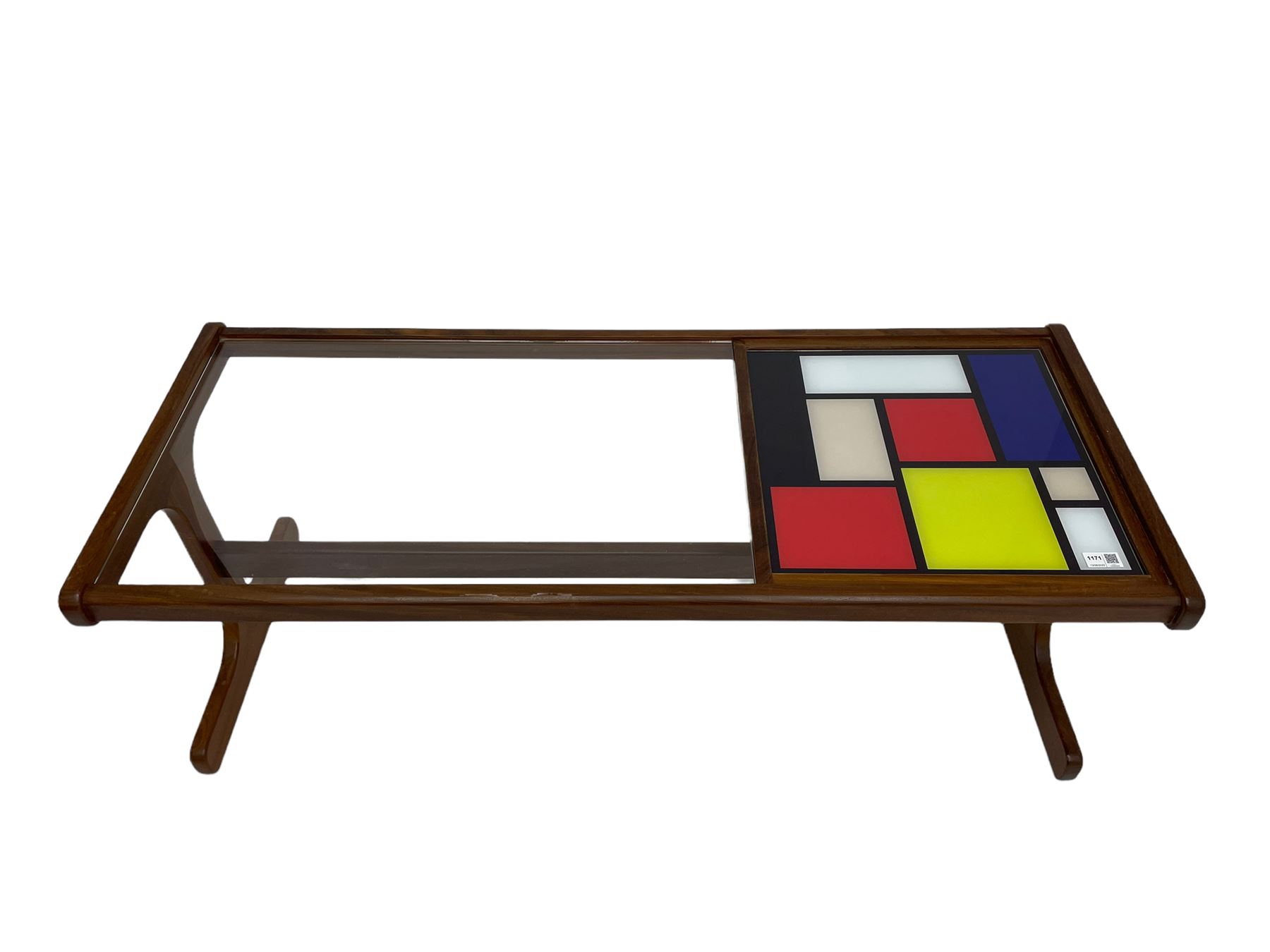 G-Plan - rectangular teak coffee table with Mondrian style inset and glass top