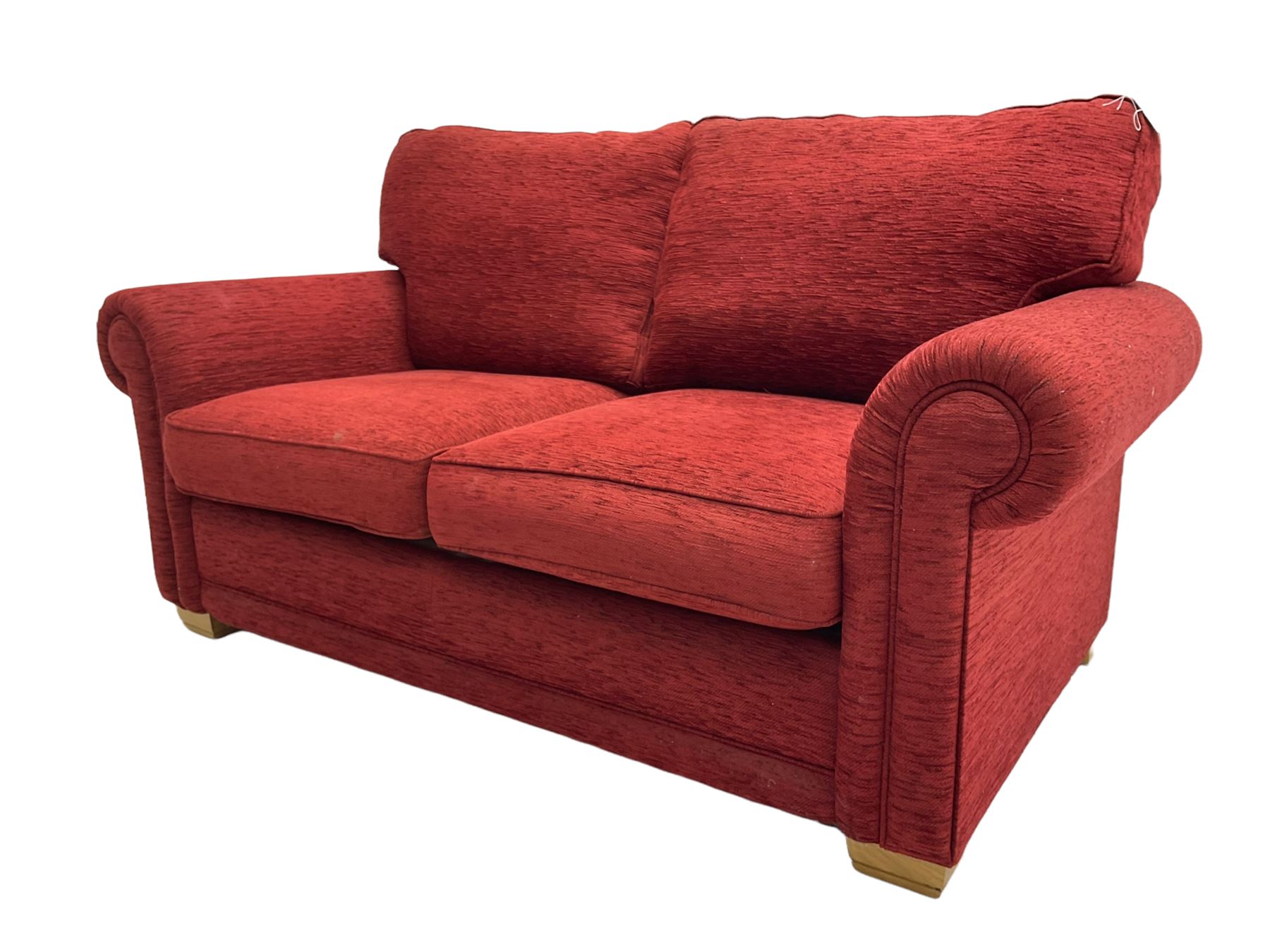 Two seat metal actions sofa bed upholstered in red cover - Image 3 of 6