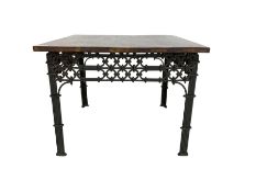 Hardwood and wrought metal coffee or occasional table