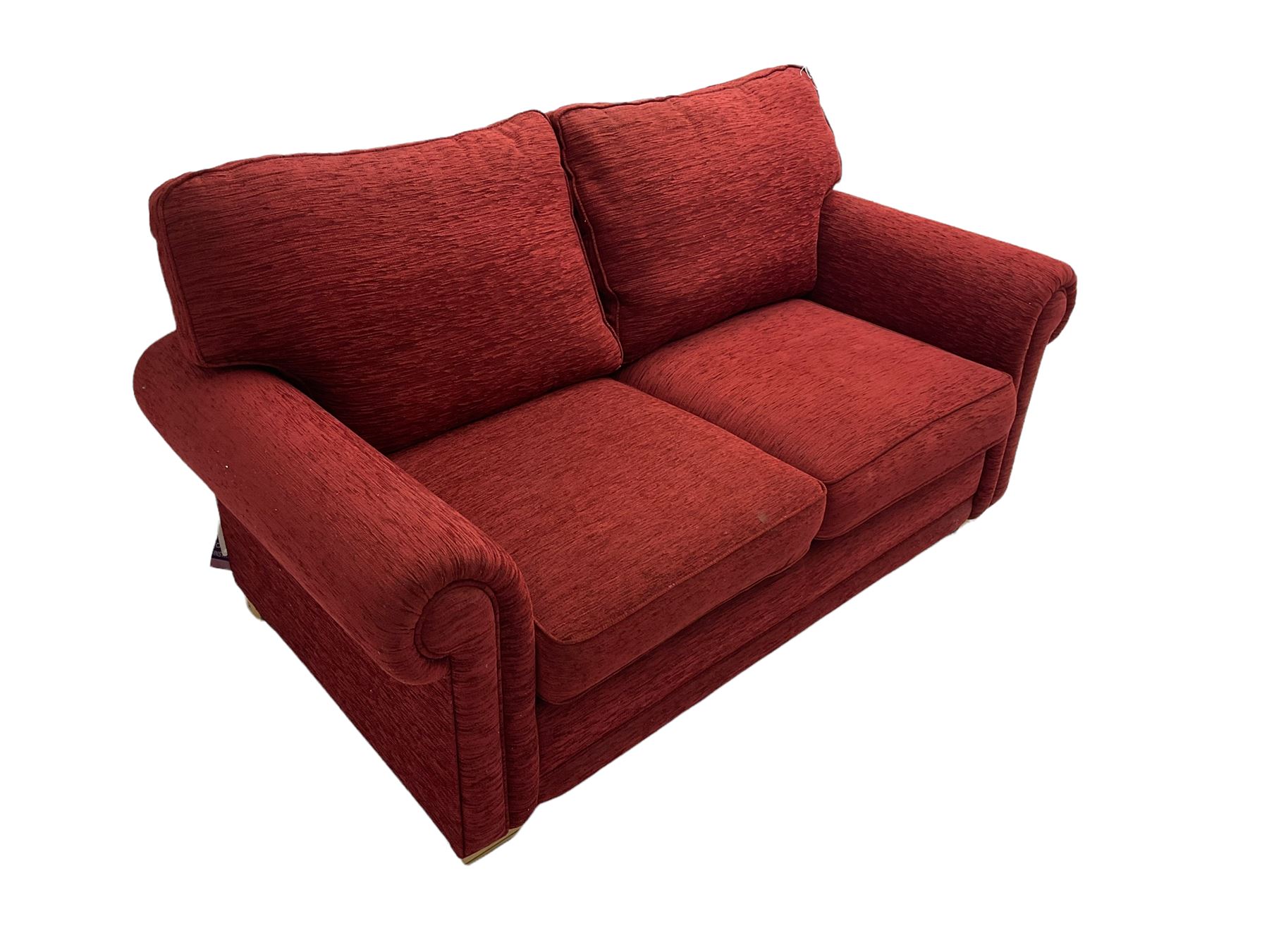 Two seat metal actions sofa bed upholstered in red cover - Image 6 of 6
