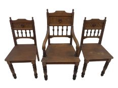 Victorian Gothic revival pitch pine armchair and pair of matching chairs