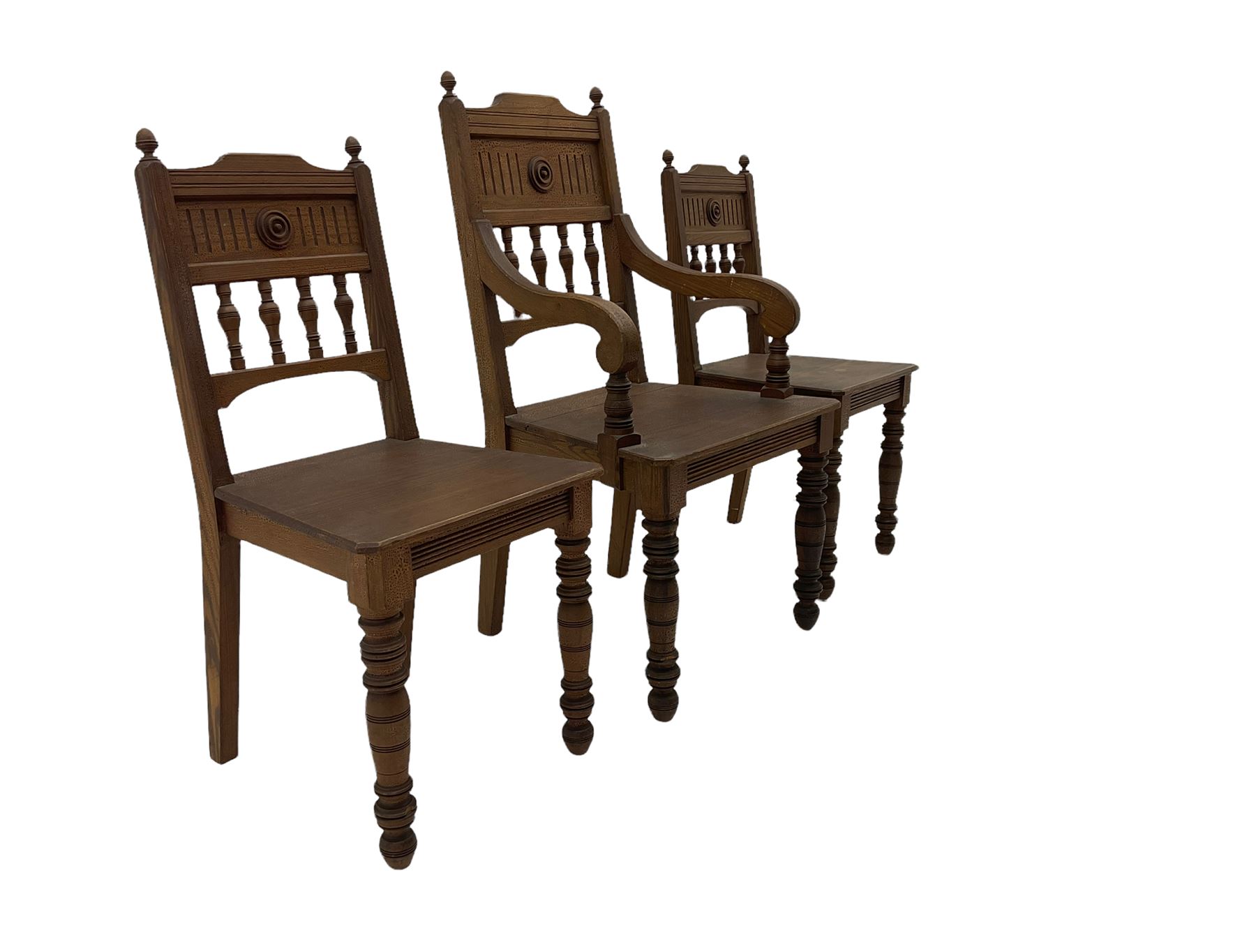 Victorian Gothic revival pitch pine armchair and pair of matching chairs - Image 5 of 7