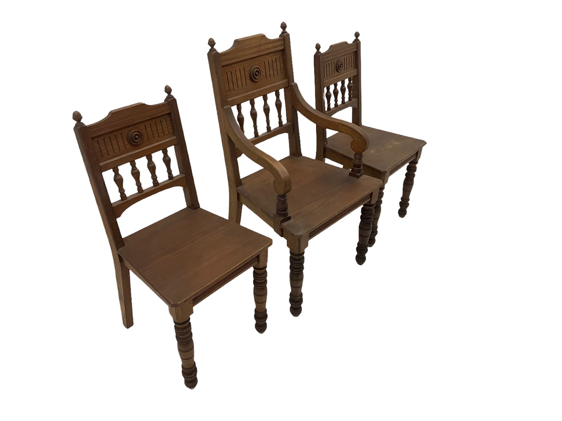 Victorian Gothic revival pitch pine armchair and pair of matching chairs - Image 6 of 7