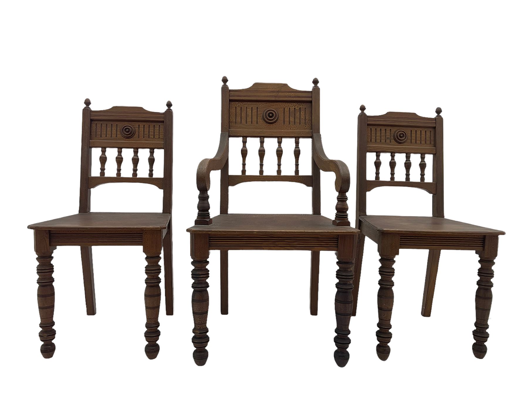 Victorian Gothic revival pitch pine armchair and pair of matching chairs - Image 2 of 7