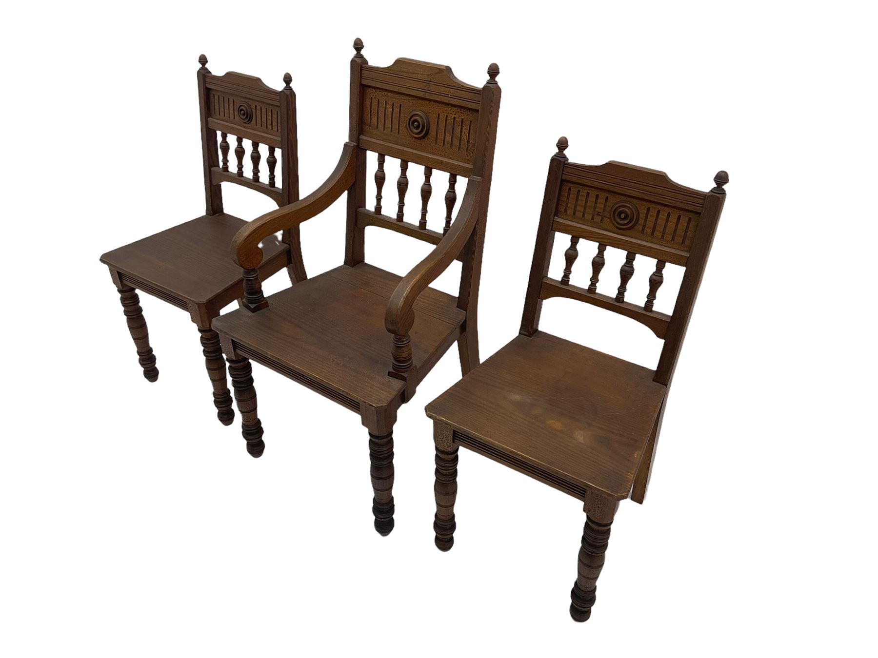 Victorian Gothic revival pitch pine armchair and pair of matching chairs - Image 4 of 7