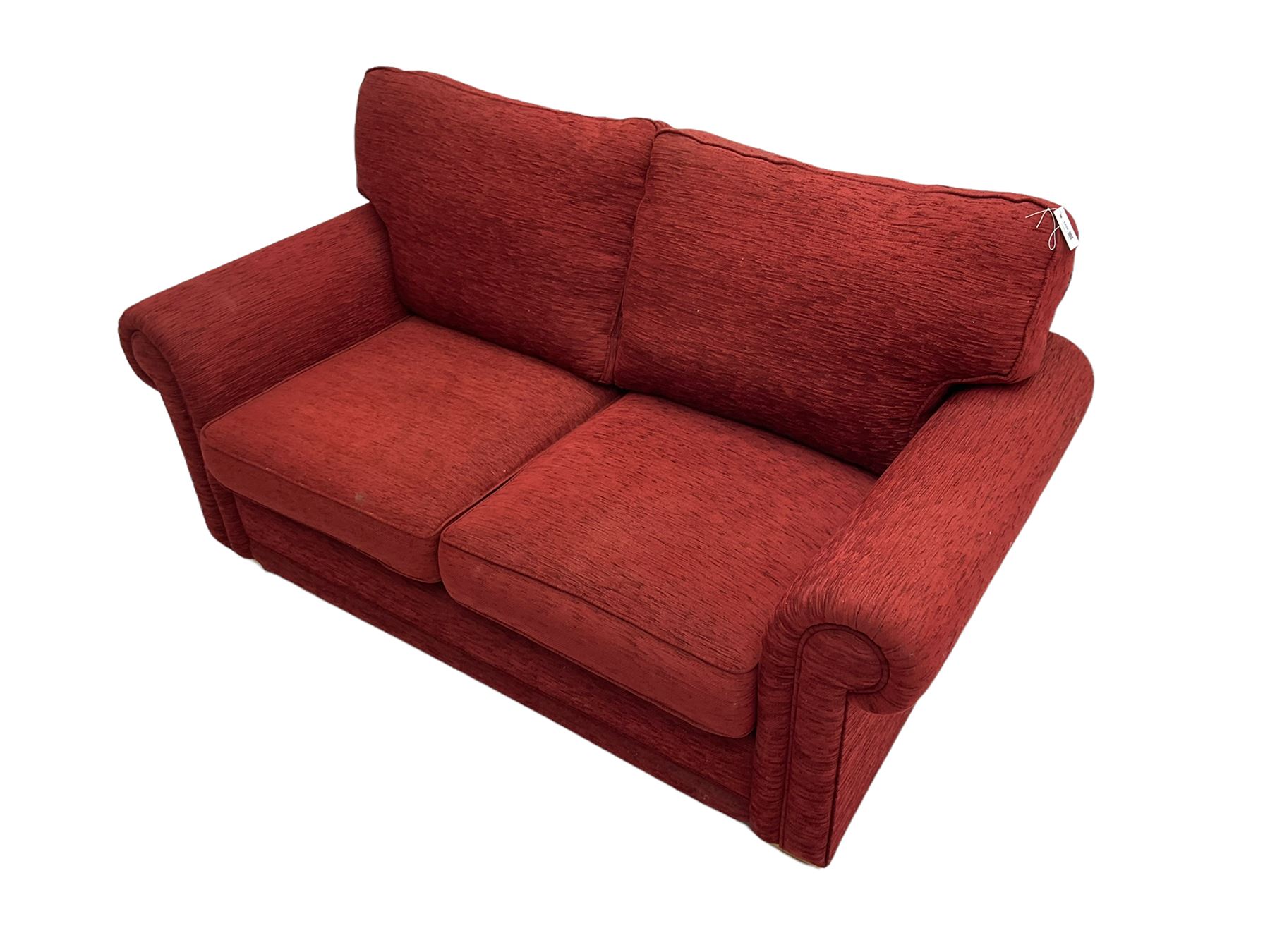Two seat metal actions sofa bed upholstered in red cover - Image 4 of 6