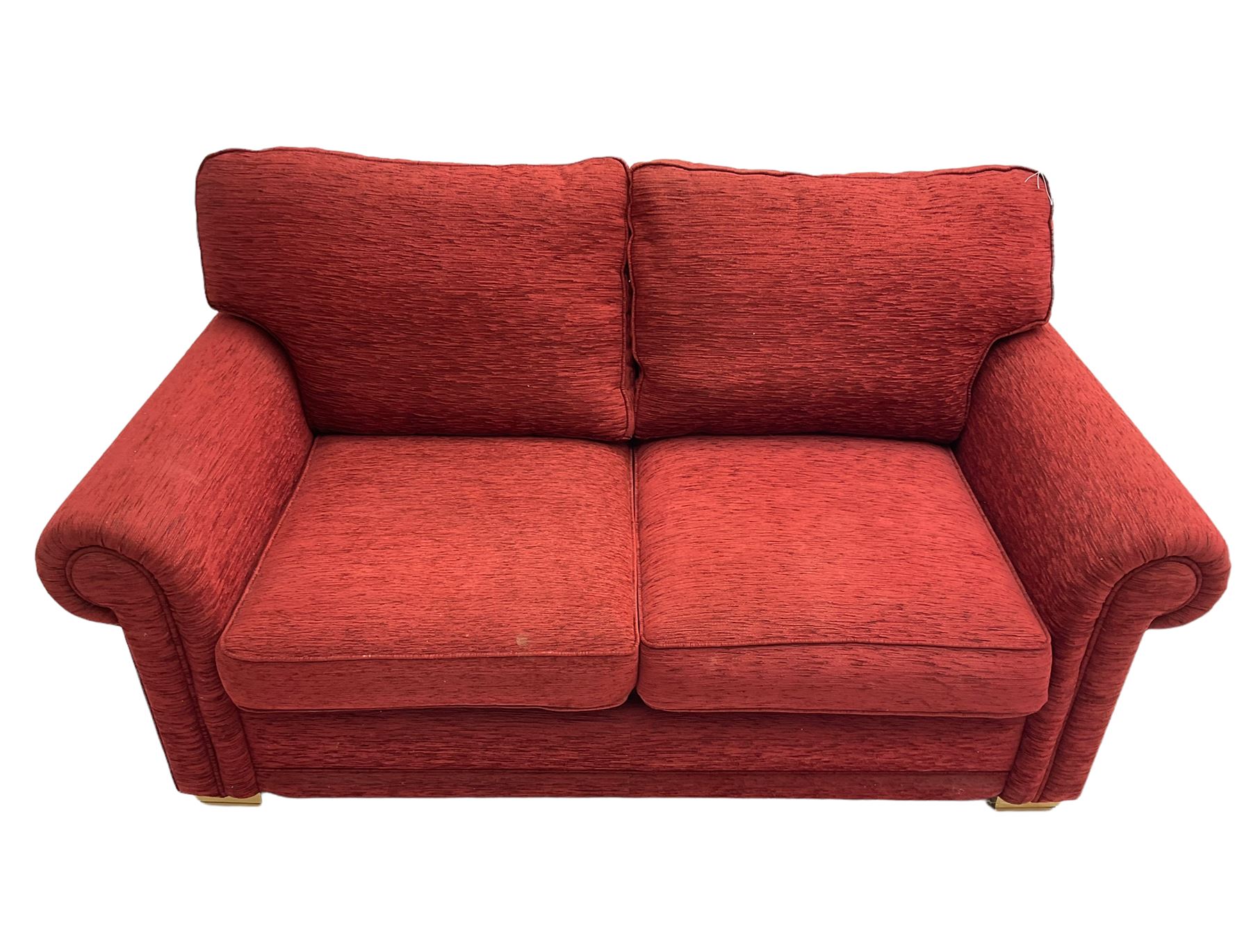 Two seat metal actions sofa bed upholstered in red cover - Image 2 of 6