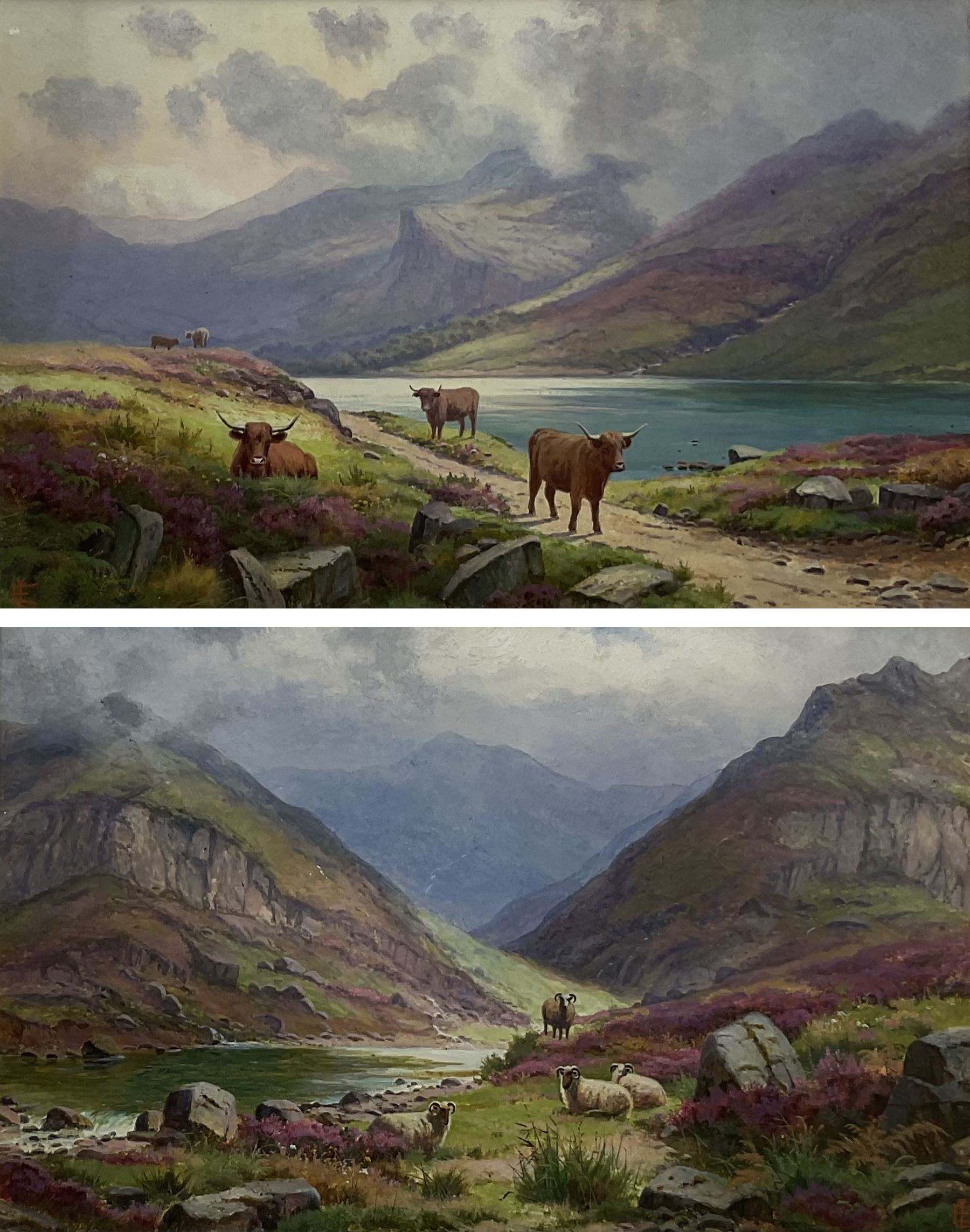 Edgar Longstaffe (British 1852-1933): Highland Cattle and Sheep in Mountain Landscapes