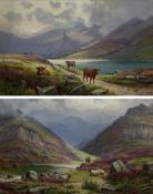 Edgar Longstaffe (British 1852-1933): Highland Cattle and Sheep in Mountain Landscapes