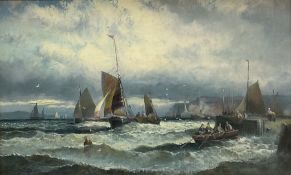 William Anslow Thornley (British fl.1858-1898): Fishing Boats rounding the Lighthouse leaving Harbou