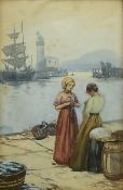 Frank Henry Mason (Staithes Group 1875-1965): 'Leisure Moments' - Girls knitting on the Quayside Sca