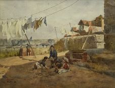 Albert George Stevens (Staithes Group 1863-1925): Children playing in the Sand on the East Cliff Whi