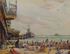 George Herbert Buckingham Holland (British 1901-1987): Figures on Bournemouth Beach with a Steamer d