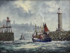 Jack Rigg (British 1927-): Fishing Boats Leaving Whitby Harbour with St. Marys Church and the Abbey