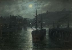 Walter Linsley Meegan (British c1860-1944): Dock End Whitby Harbour by Moonlight