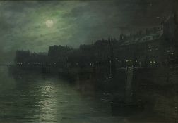 Walter Linsley Meegan (British c1860-1944): Whitby Harbour with the Marine Hotel by Moonlight