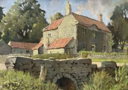 Harry Epworth Allen (Northern British 1894-1958): Stone Farmhouse with Bridge in the Foreground