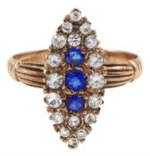 Edwardian 9ct rose gold marquise shaped blue and clear paste stone set ring