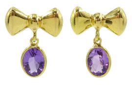 Pair of 18ct gold oval amethyst bow pendant stud earrings