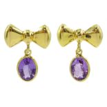 Pair of 18ct gold oval amethyst bow pendant stud earrings