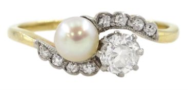 Early 20th century old cut diamond and pearl crossover ring