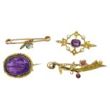 Edwardian gold amethyst and pearl brooch