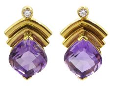 Pair of 18ct gold amethyst and round brilliant cut diamond earrings