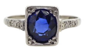 Art Deco 18ct white gold and platinum oval synthetic sapphire ring