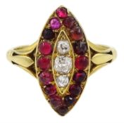 Victorian 18ct gold marquise shaped old cut diamond and cabochon garnet cluster ring