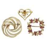 Gold ruby leaf design wreath brooch