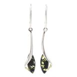 Pair of silver green Baltic amber pendant earrings