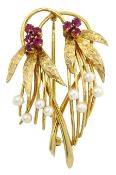9ct gold ruby and pearl stylized flower brooch